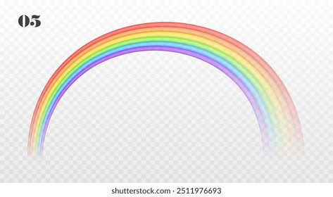 Arco iris realista aislado sobre fondo transparente. Arco iris en forma de arco como efecto después de la lluvia. Ilustración vectorial.