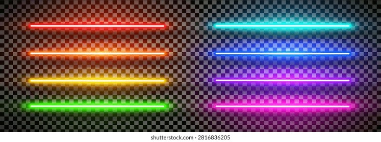 Realistic rainbow led neon horizontal bulb tube light pack isolated. Lazer effect straight lines. Laser beam fluorescent LED halogen diode. Vector illustration