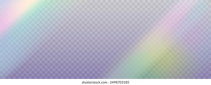 Efecto realista de la luz del arco iris con la refracción del prisma, Ilustración vectorial espectral del destello. Efecto de superposición sobre fondo transparente