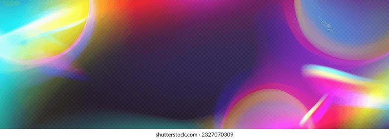 Realista efecto de prisma de luz arco iris sobre fondo transparente. Ilustración vectorial del reflejo del holograma, superposición de la bengala de cristal de diamante. Espectro iridiscente borroso abstracto, textura gradiente