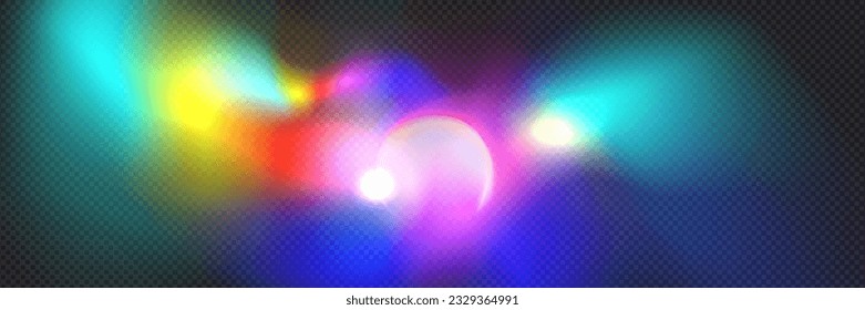 Realistic rainbow light prism effect on transparent background. Vector illustration of hologram reflection, diamond crystal flare overlay. Abstract blurred iridescent spectrum, gradient texture