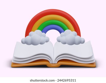 Realistic rainbow on clouds over open book. Enjoyable reading. Literature for children
