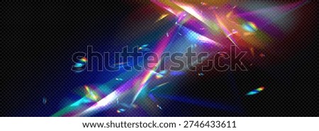 Realistic rainbow prismatic light effect on dark transparent background. Colored lens flare and light refraction effect.