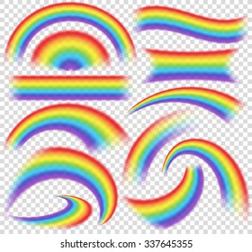 Realistische Regenbögen in unterschiedlicher Form auf transparentem Hintergrund.