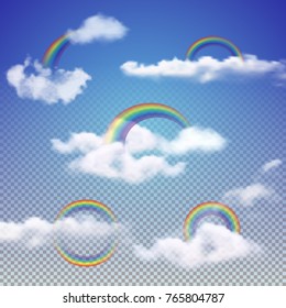Realistic Rainbows set with 3d clouds. Transparent forecast symbols.
Vector Illustration. 