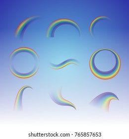 Realistic Rainbows set with different transparent shapes. Colorful forecast symbols. Vector Illustration. 