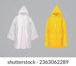 Realistic raincoat. Yellow and transparent plastic rain coat, fashion cloak with hood for wet protection in travel activity, autumn clothing wear, vector illustration of weather plastic rain coat