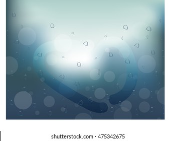 Realistic raindrops on the glass window with heart shape drawing symbol, vector