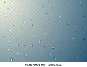 Realistic raindrops on transparent window glass. Vector 3D illustration.