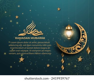 Realistic ramadan background with crescent moon, lantern. for banner, greeting card