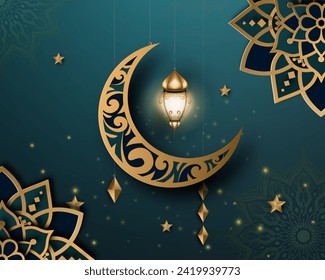 Realistic ramadan background with crescent moon, lantern, mandala. for banner, greeting card