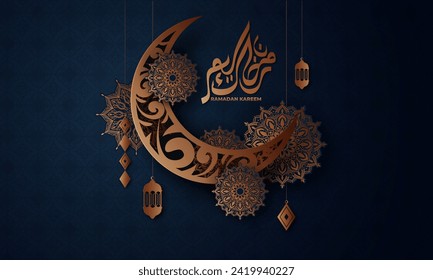 Realistic ramadan background with crescent moon, lantern, mandala.  for banner, greeting card