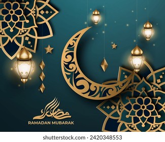 Realistic ramadan background with crescent moon, lantern, mandala. for banner, greeting card