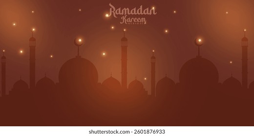 Realistic Ramadan background design with dark brown color. Islamic landscape art design with mosque and glowing star. Eid al Adha Mubarak holiday background design vector. Eid Mubarak mosque design