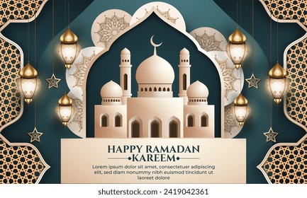Realistic ramadan background with mosque, lantern,  for banner, greeting card