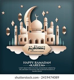 Realistic ramadan background with mosque, lantern, Crescent moon for banner, greeting card. (Translation: ramadan kareem)