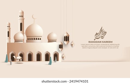 Realistischer rmadanischer Hintergrund mit Moschee, Laterne, für Banner, Grußkarte. (Übersetzung: Ramadan Kareem)