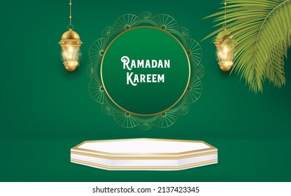 Realistic Ramadan Background With Podium For Promotion. Ramadan Kareem Ads Banner Design.