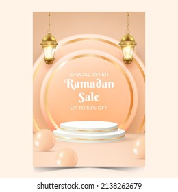 Realistic Ramadan Background With Podium For Promotion. Ramadan Kareem Sale Poster Design.