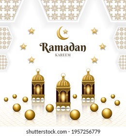 Realistic Ramadan Kareem Background with 3d Lamp, Moon, and Stars Illustration as Ornament of Islamic Culture, and a Perfect Blend of Brown, Gold, and White.