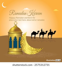 Realistic Ramadan Kareem Background with camel, islamic lump, moon  Premium Vector.2025