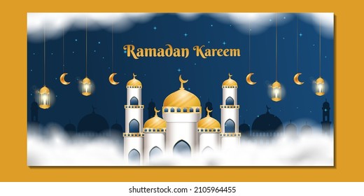 realistic ramadan kareem background illustration with realistic mosque, clouds, candle lantern, and moon. vector design
