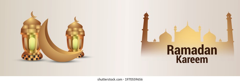 Realistic ramadan kareem background with islamic golden lantern, moon and mosque