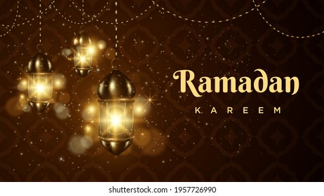 Realistic Ramadan Kareem Background with Lamp Illustration as Ornament of Islamic Culture, and a Perfect Blend of Brown, and Gold.