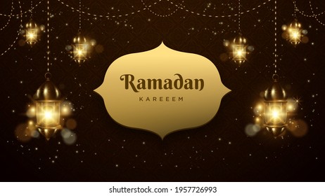 Realistic Ramadan Kareem Background with Lamp Illustration as Ornament of Islamic Culture, and a Perfect Blend of Brown, and Gold.
