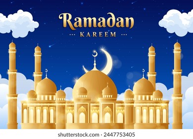 Realistic ramadan kareem background with mosque and moon