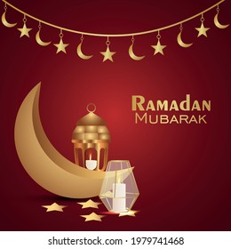 Realistic ramadan kareem celebration greeting card with golden moon and islamic lantern