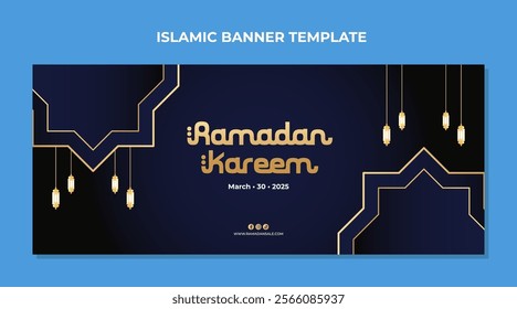 Realistic Ramadan Kareem holiday banner design with golden lantern