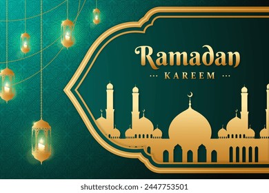 Realistic ramadan kareem and islamic background with candle lanterns and arabic ornamental