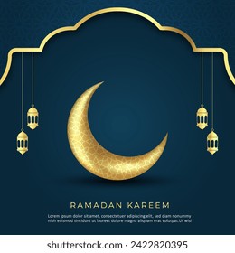 realistic of ramadan kareem poster design with moon and lantern ornament on blue background