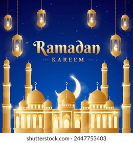 Realistic ramadan kareem template with moon and candle lanterns
