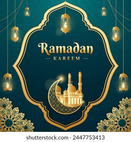 Realistic ramadan kareem template with mosque and candle lanterns