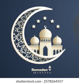 Realistic Ramadan Kareem template mosque and crescent