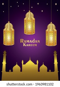 Realistic ramadan kareem vector illustration with golden arabic pattern lantern