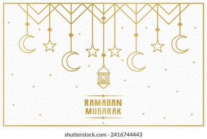 El Ramadan Mubarak es un realismo con la Ilustración del Vector de Linterna Dorada, Luna y Estrellas. Diseño de plantillas de vectores de banner para el saludo de Ramadan Kareem