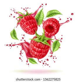 Realistic Raspberry Juice Explosion With Berries And Green Leaves. Juicy Red Splash For Fresh Drink Product Package Design. Vector Red Swirl Flow For Healthy Beverage Decoration.