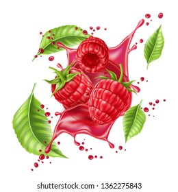 Realistic Raspberry Juice Explosion With Berries And Green Leaves. Juicy Red Splash For Fresh Drink Product Package Design. Vector Red Swirl Flow For Healthy Beverage Decoration.