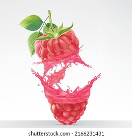 Realistic Raspberry Juice Explosion With Berries And Green Leaves. Juicy Red Splash For Fresh Drink Product Package Design. Vector Red Swirl Flow For Healthy Beverage Decoration.