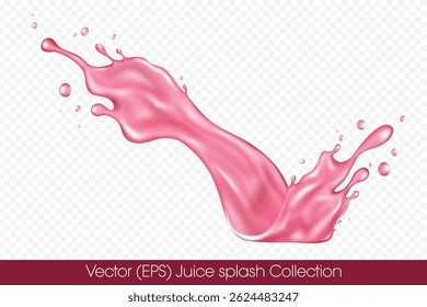 Realistic Raspberry juice splash with droplets isolated on transparent background, vector (EPS) illustration. Transparent Raspberry liquid frozen motion illustration, layered, easy to edit