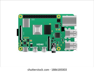 Realistic raspberry pi model B board detailed illustration of the top view. For education. Stock vector illustration on white isolated background.