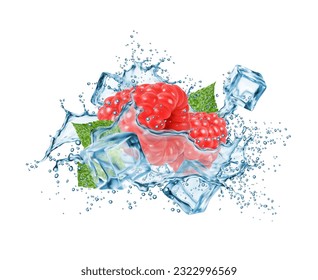 Raspberry y salpicaduras de agua con cubos de hielo crean una visión refrescante y tentadora, que evoca la sensación de una bebida de verano fresca y refrescante. Agua y bayas vectoriales aisladas en 3d