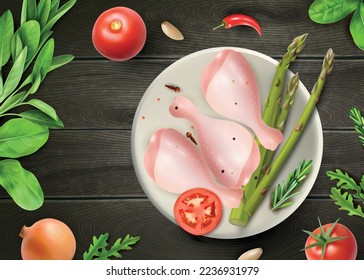 Realistic raw chicken legs with garnish on plate top view against wooden surface background vector illustration