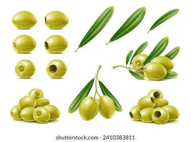 Realistic raw green olives. Isolated olive branch and leaves. Vector set of popular briny Mediterranean snack with vibrant green color and firm texture. Cuisine ingredient with seeds and seedless