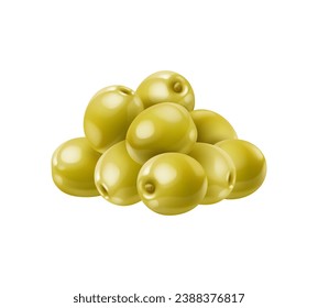 Realistic raw green olives stack, isolated vector for extra virgin olive oil. Raw olives, vegetable plant or food snack in realistic 3D on white background for organic salad or pickled product