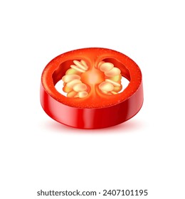 Realistic raw isolated chili pepper ring. 3d vector circular slice of a chilly pod, vibrant cross section interior with seeds cluster. Red and spicy jalapeno with glossy skin, ready to be cooked