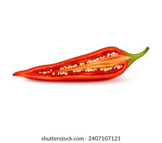 Realistic raw isolated half chili pepper. 3d vector pod longitudinal section, vibrant red hues reveal a fiery interior of seeds and membranes within the piquant confines of slender, elongated form